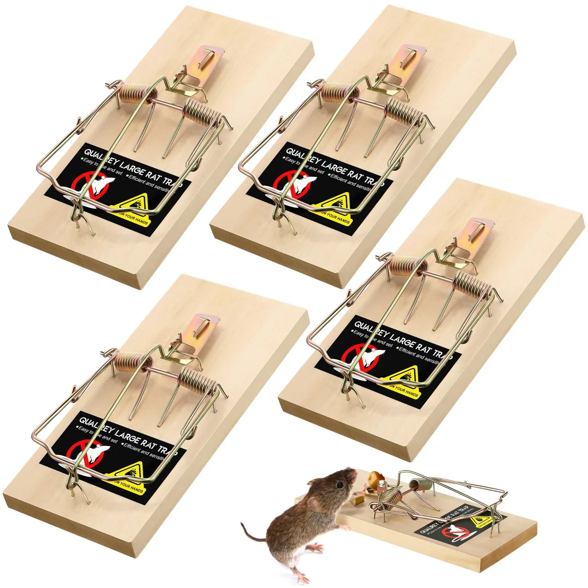 Four wooden rat traps on light surface, 7.1 by 3.6 inches each