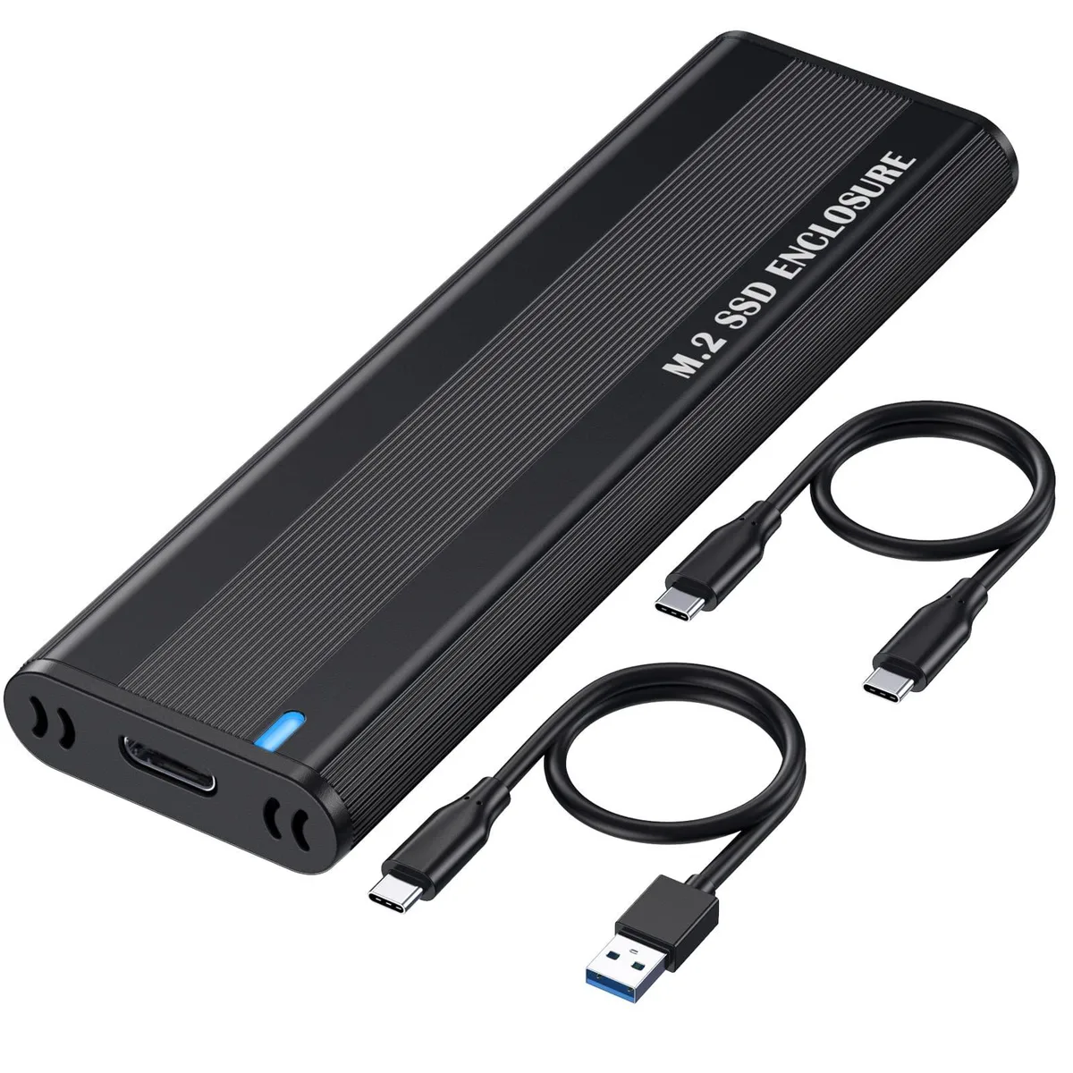 Silver aluminium M.2 NVMe SATA enclosure with USB-C cables