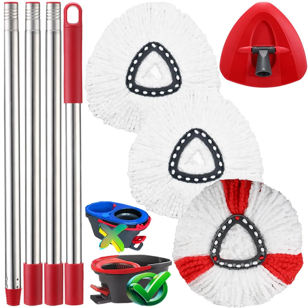 White microfiber spin mop set with triangle base and adjustable stainless handle 30-58in