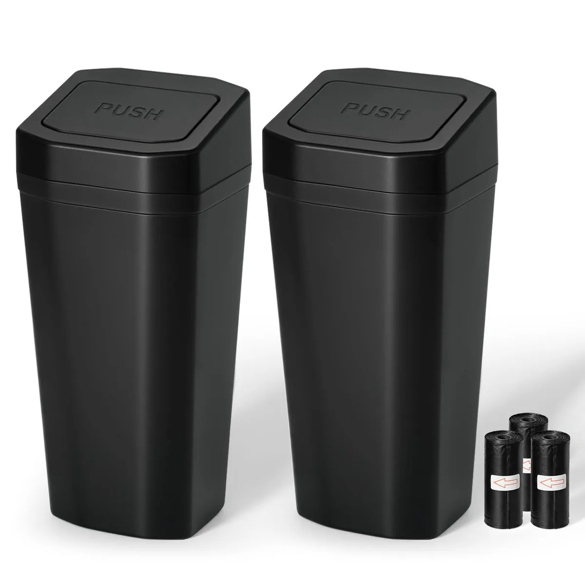 Three small black plastic bins with flip lids, cup-holder size, 900 ml each, 60 bags included