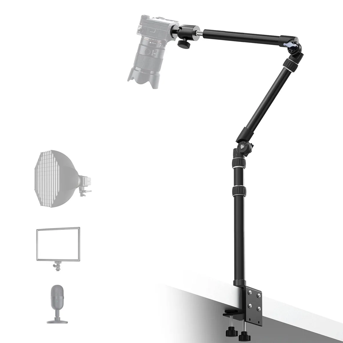 Silver metal tabletop mount with adjustable boom arm and C-clamp base