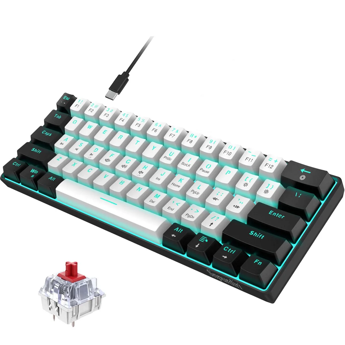 Redragon Snpurdiri 60% Wired Mechanical Gaming Keyboard 61 Keys Red Switches Black-White Ice Blue LED — product photo