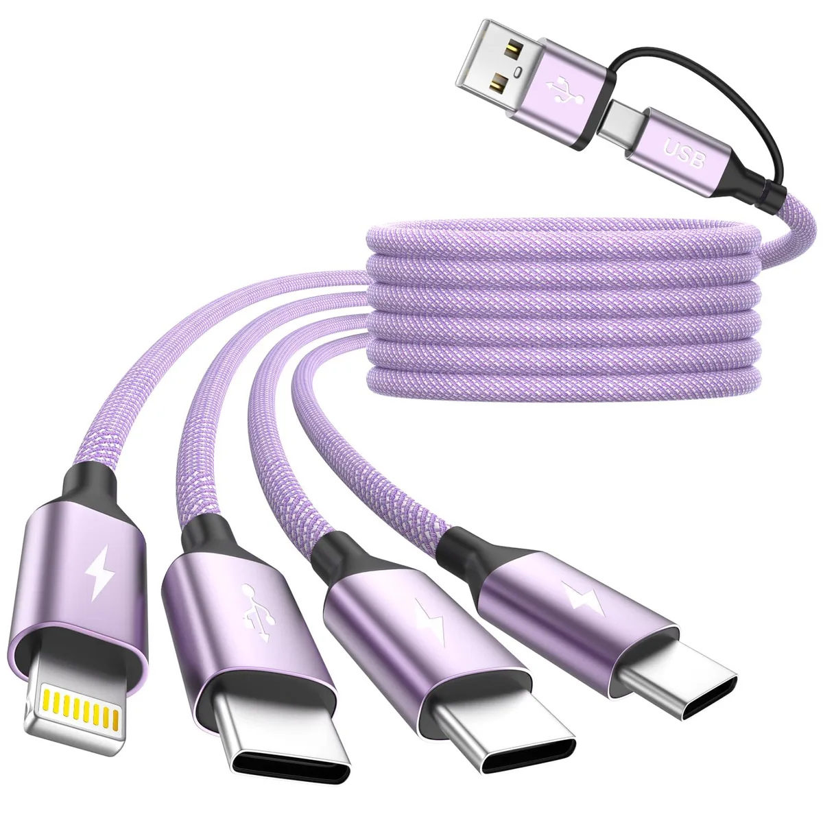 Purple 5ft multi charging cable with three Type-C and one Lightning connectors