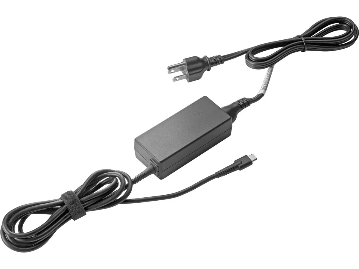 Compact black HP 45 W USB-C power adapter with detachable cable