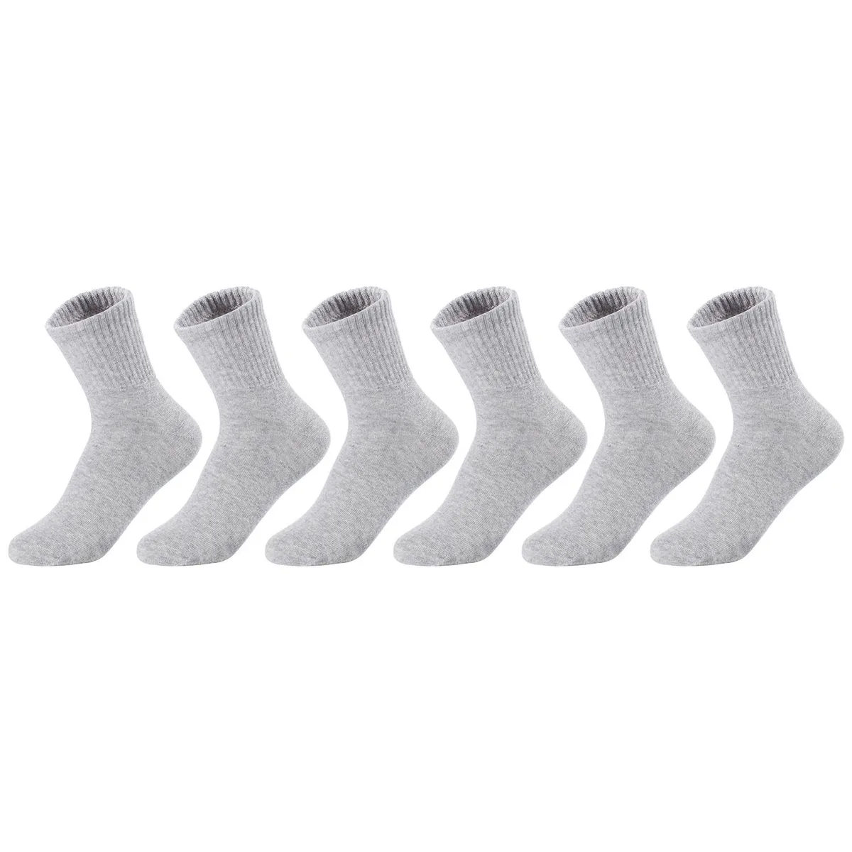 Six pairs of grey crew socks laid flat, smooth cotton fabric, ribbed cuffs visible, size label 108 shown
