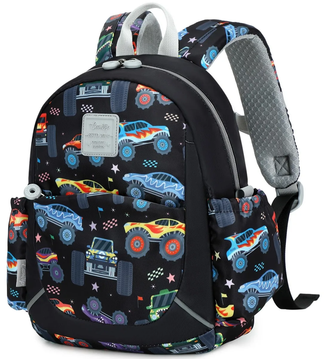 Small black toddler backpack with reflective strips, padded straps, chest buckle and multiple pockets