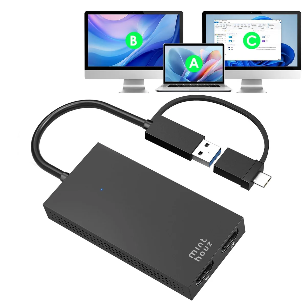 Black rectangular adapter with USB-A and USB-C plugs, two HDMI ports, short cable