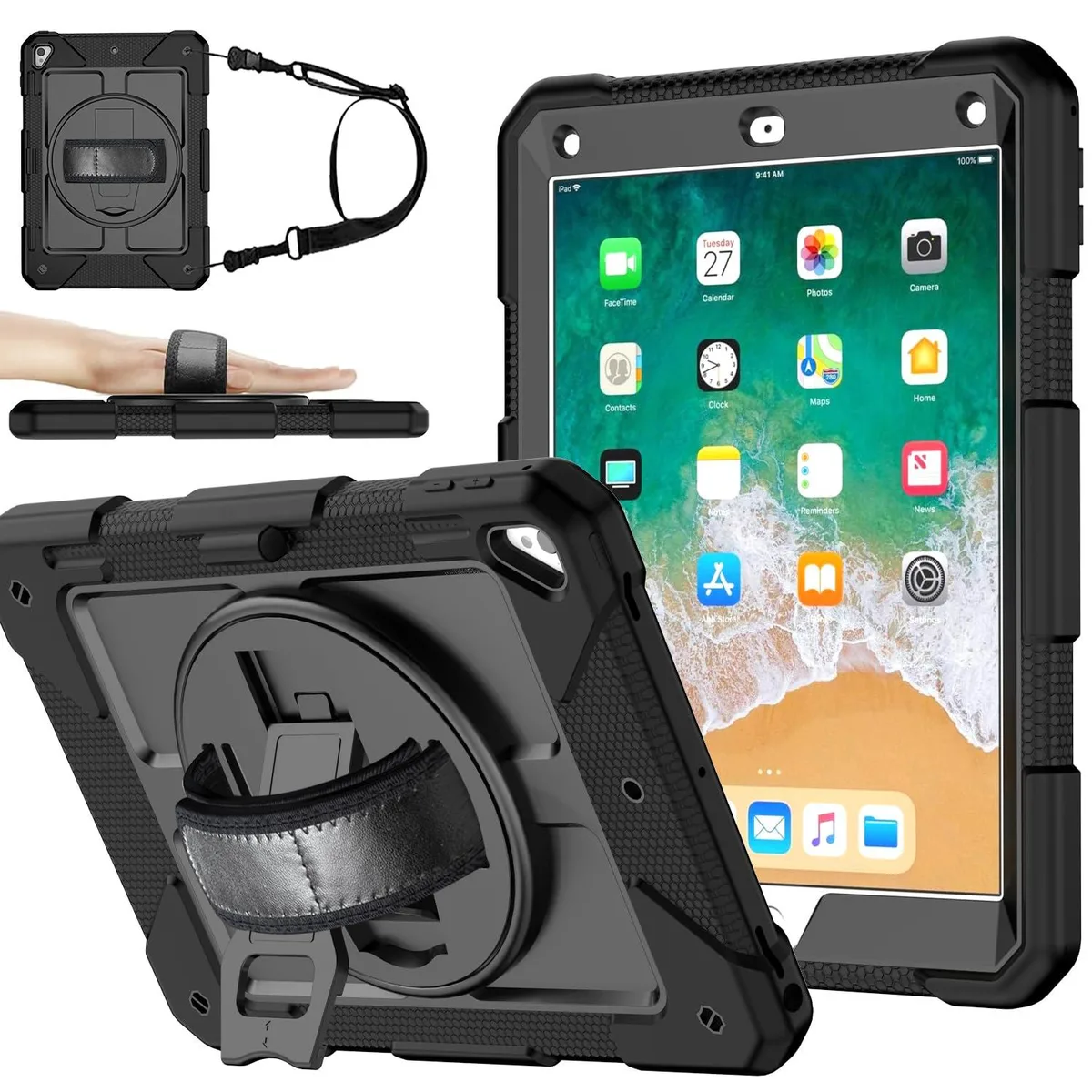  MENZO Shockproof Case iPad 9.7" 360° Stand Pencil Holder Straps Black — product photo