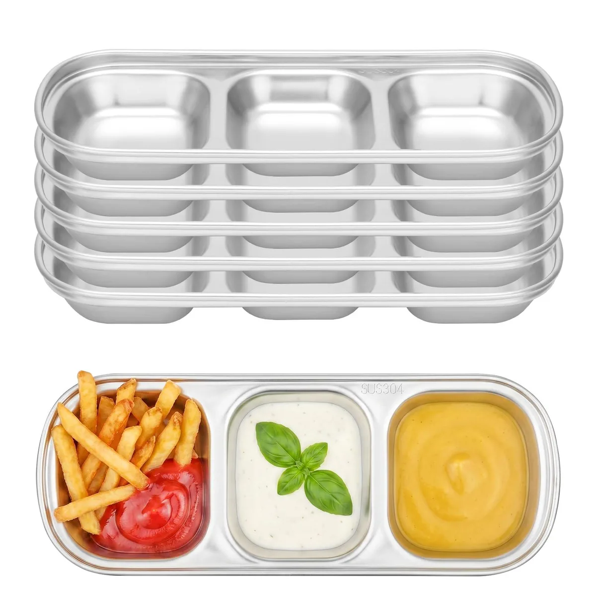DNBeffulgent DNBeffulgent 304 Stainless Steel 3-Section Sauce Dish 6 Pack — product photo