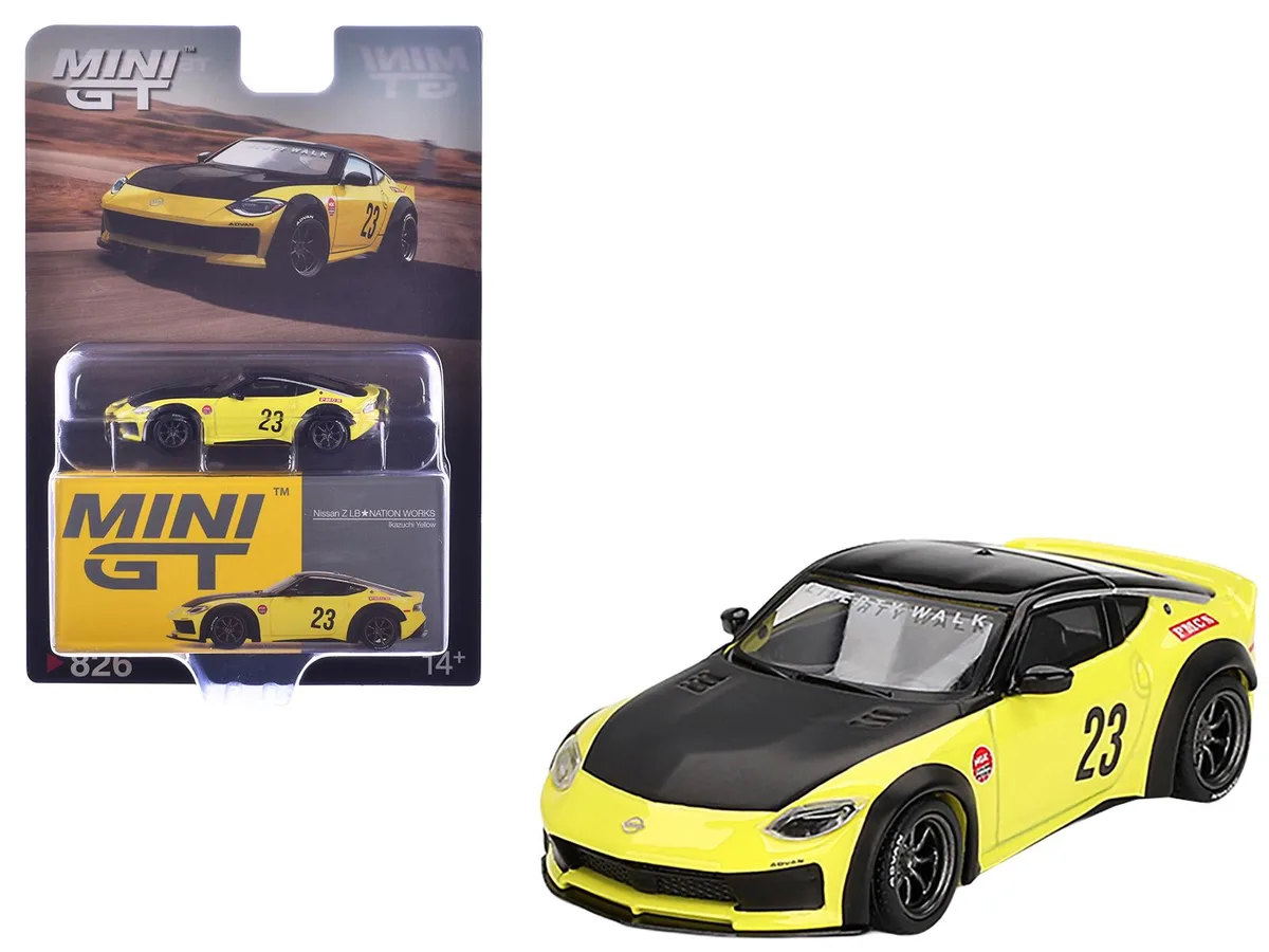 Mini GT Mini GT Nissan Z LB-Nation Works #23 Ikazuchi Yellow Black Hood Top 1/64 Hobby Collectible — product photo