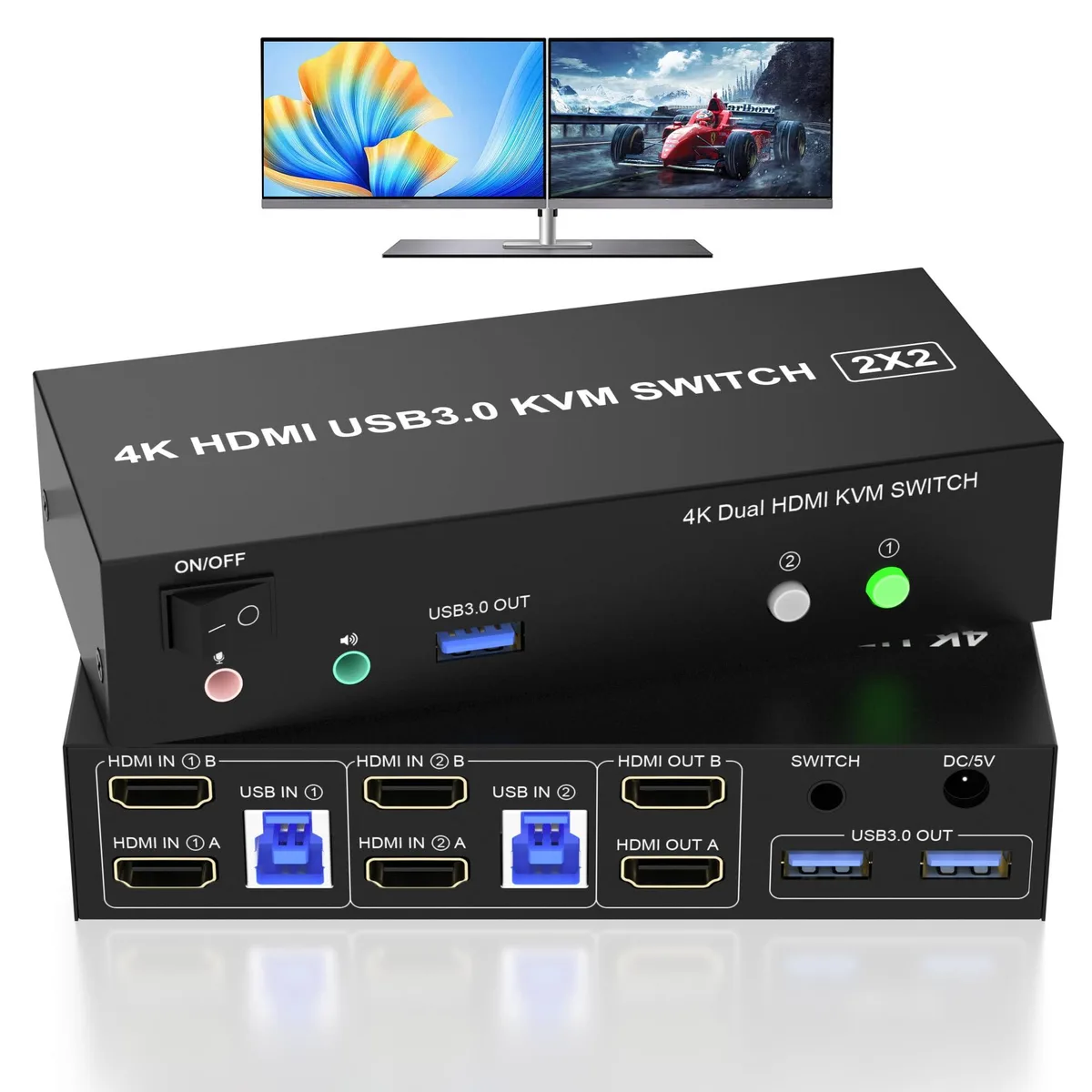 BUCIER BUCIER KM202B-USB3.0-XZX Dual Monitor KVM Switch 2 Computers 4K 60Hz — product photo
