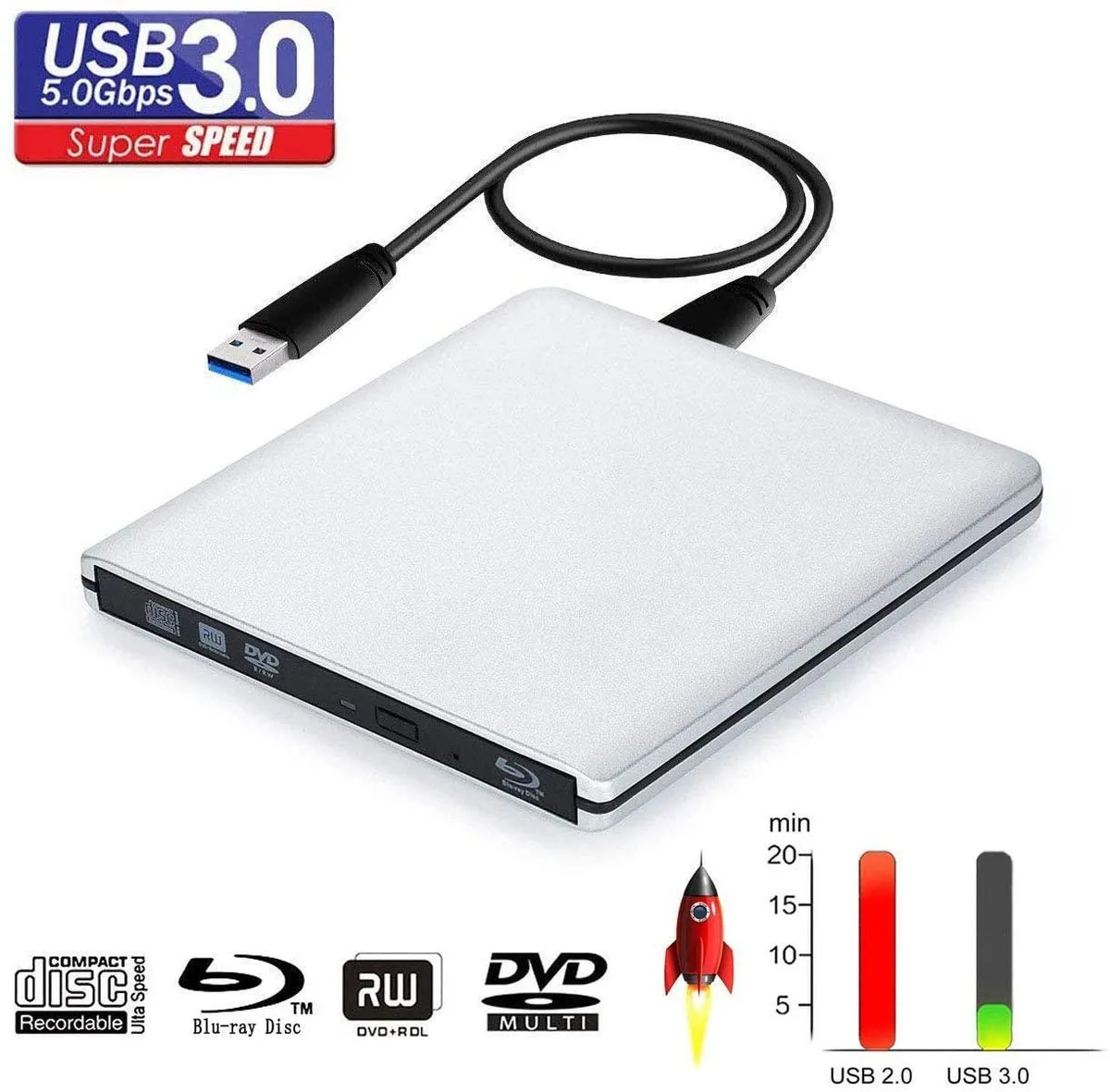 Silver external Blu-ray drive, slim rectangular shape, USB 3.0
