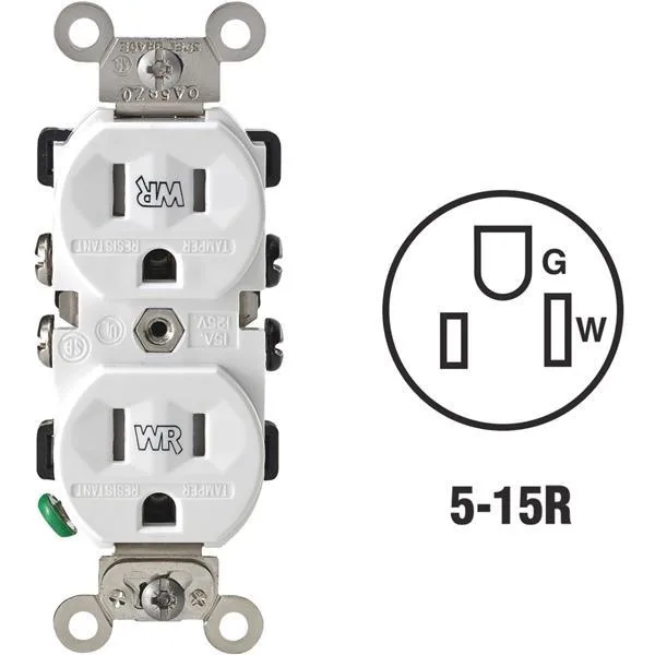 White rectangular duplex outlet with two vertical slots and a round ground hole in a smooth matte finish