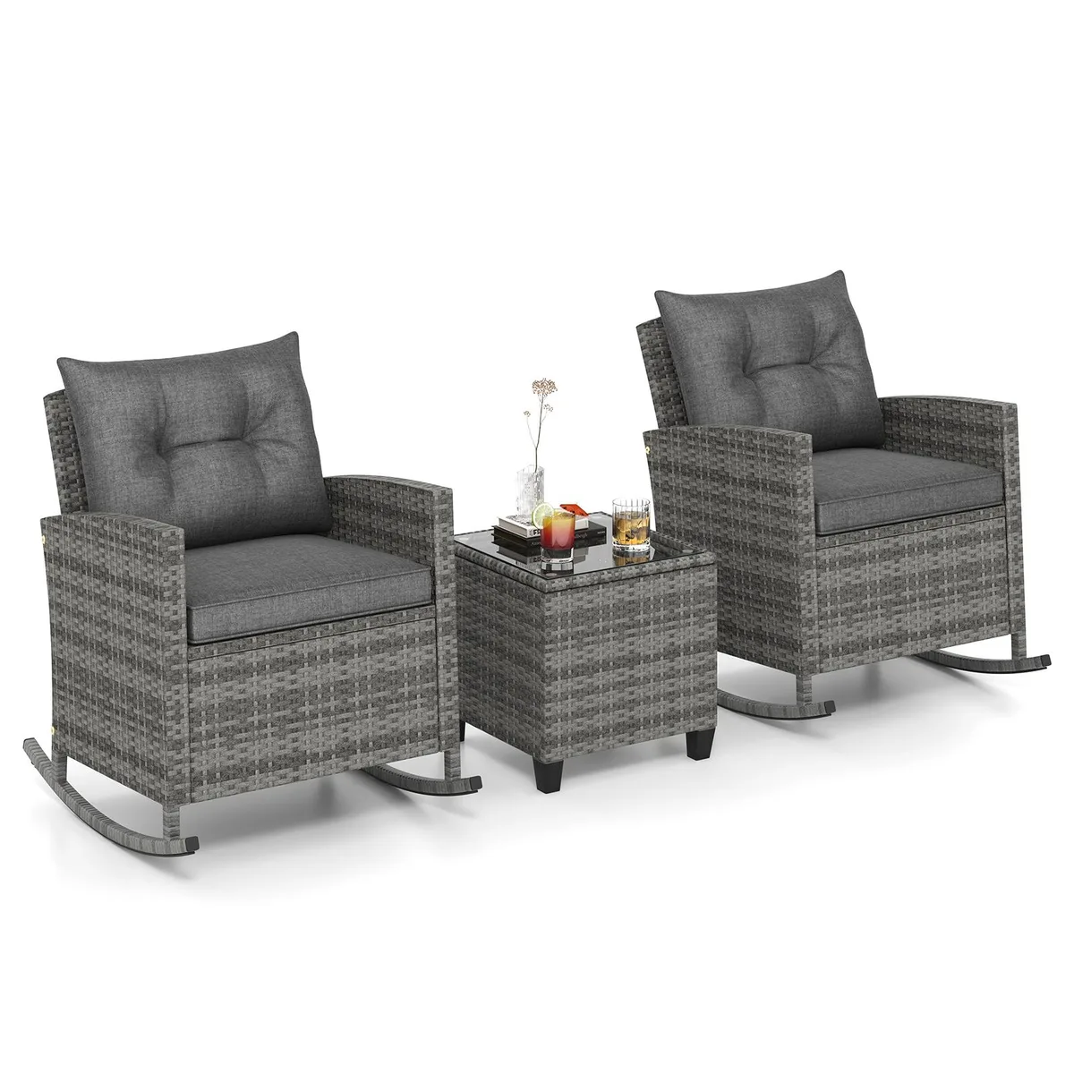 SlickBlue SlickBlue Rattan Roker Rocking Chair Set Grey Mix Brown 31.5 26 17 18 20 22 — product photo