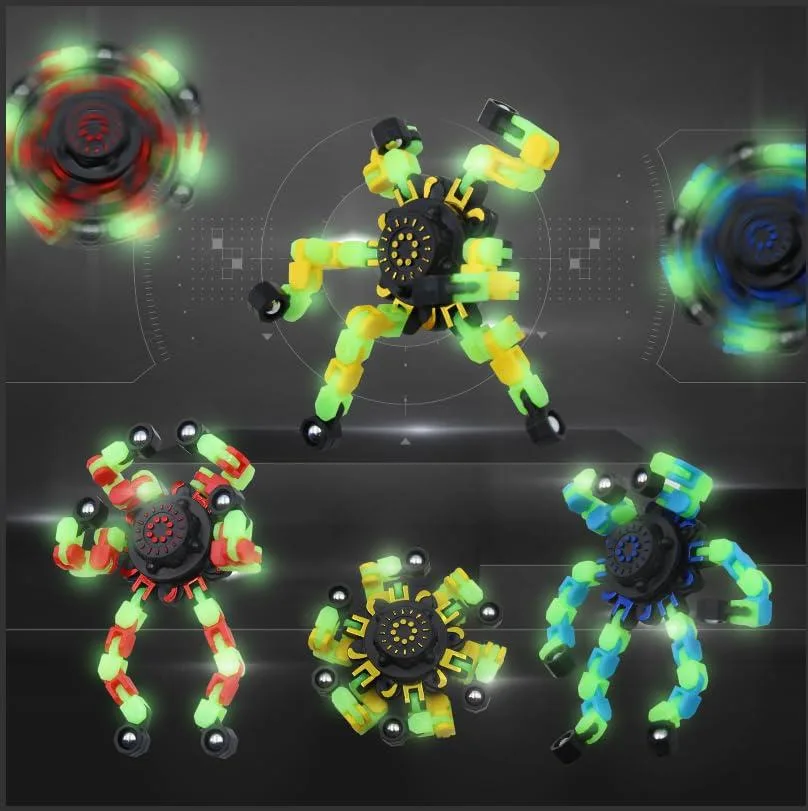 Eight glow-in-the-dark deformable plastic fidget spinners in yellow red blue purple