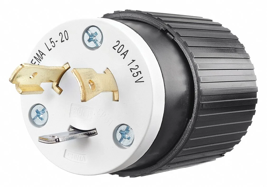 Black nylon locking plug with yellow accents, 20A 125VAC rating
