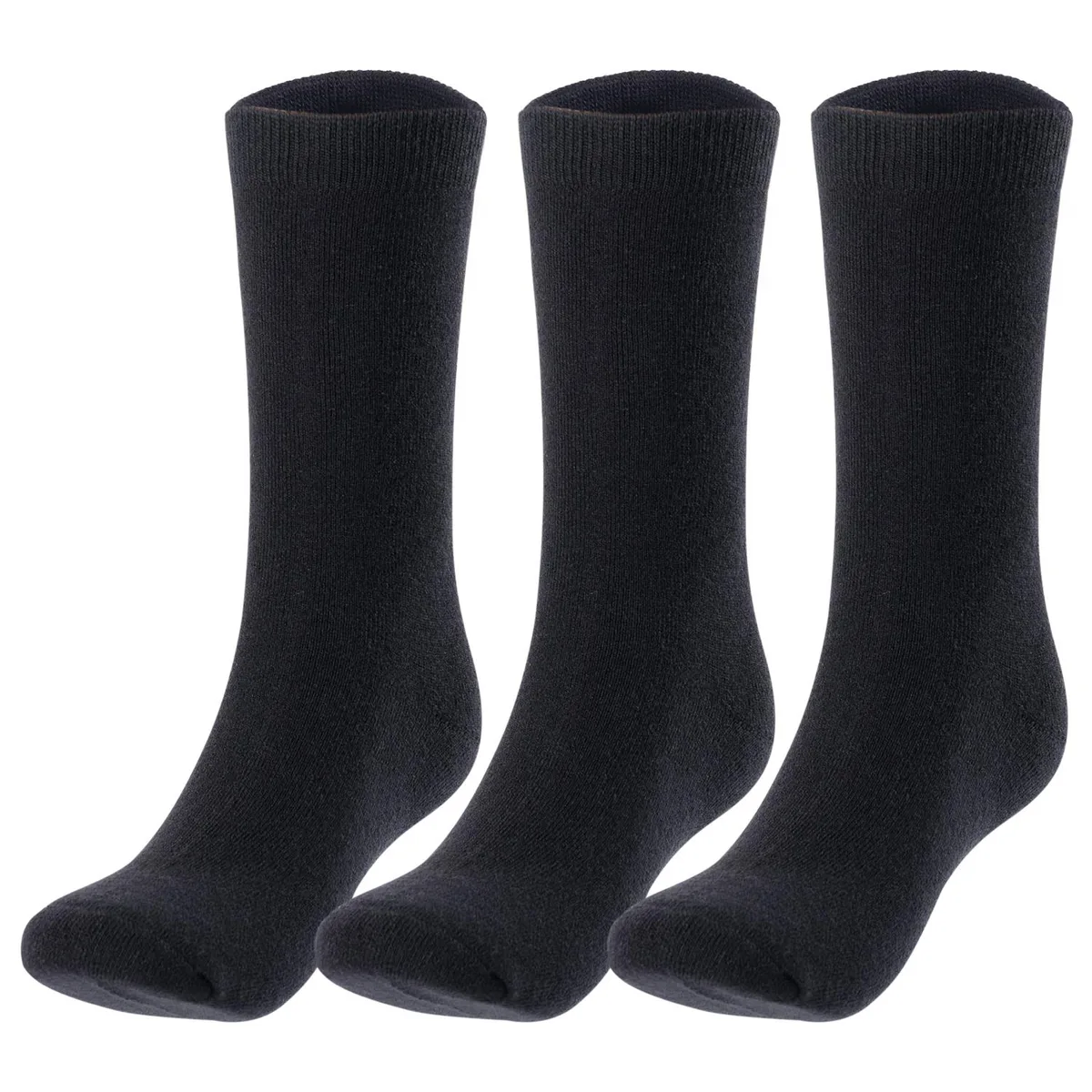 Three pairs of black wool crew socks folded together