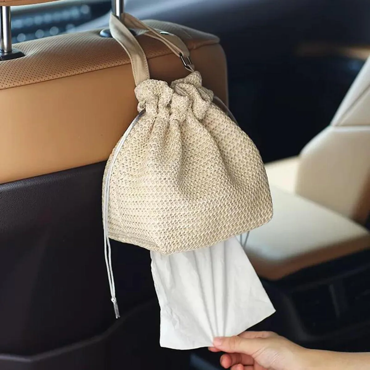 White fabric tissue holder with hanging strap, rectangular shape, soft woven finish