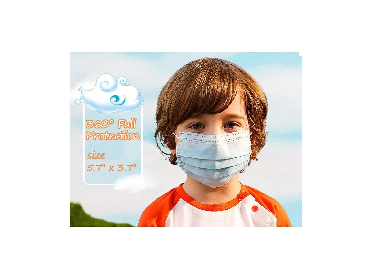Blue and white rectangular kids disposable face masks in a pack of 50
