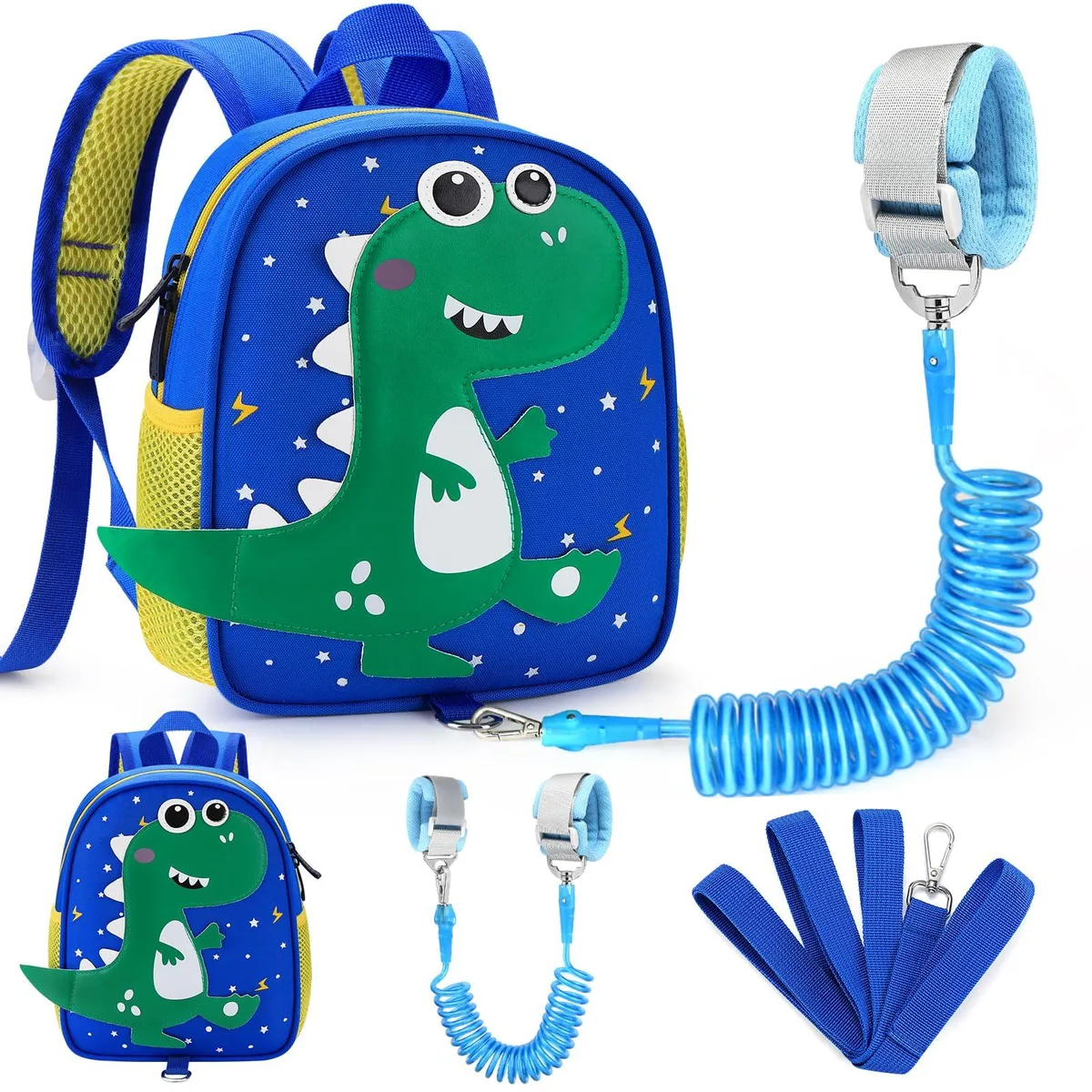 Small blue and green dinosaur-patterned toddler backpack with detachable tether and wrist link, Oxford cloth, padded adjustable straps