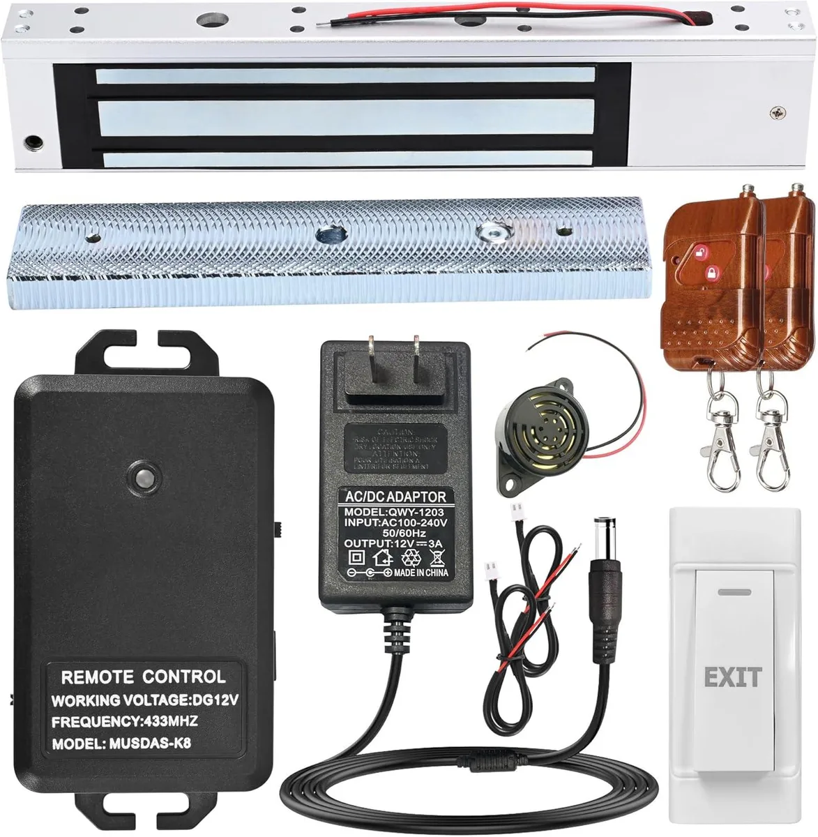 Magnetic door lock kit with remote controls, metal finish