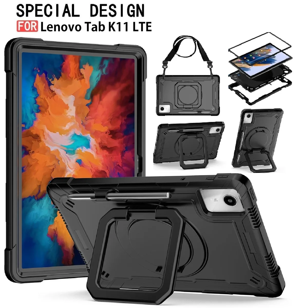 anicestore anicestore Lenovo Tab K11 LTE 11" 2024 Rugged Case Black with 360 Ring Kickstand Strap — product photo