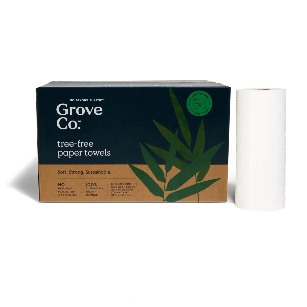 Twelve white bamboo paper towel rolls in cardboard box