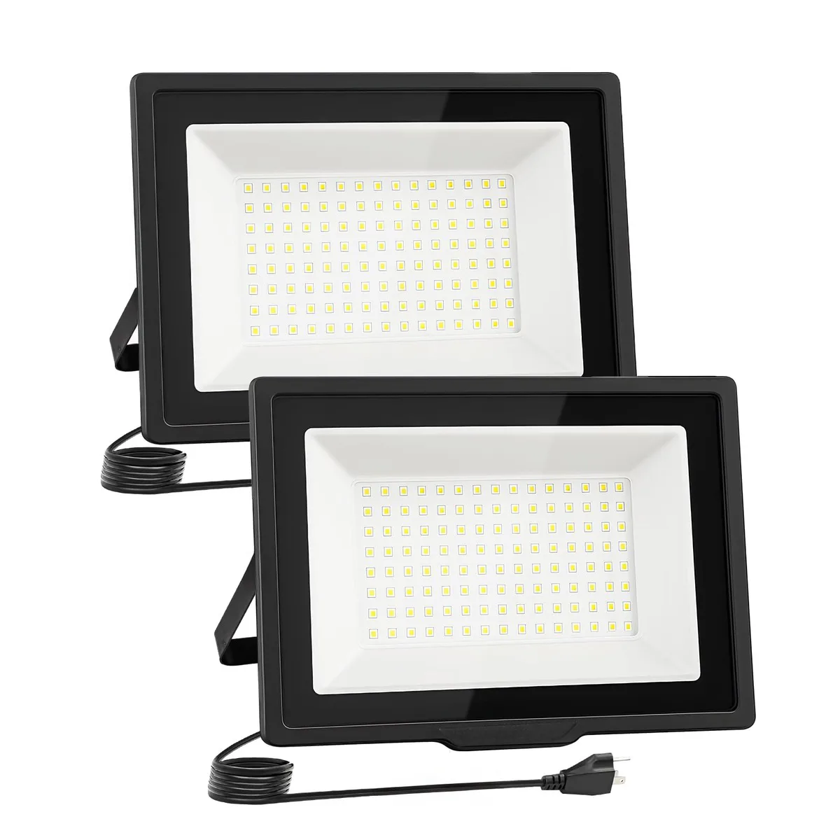 Two white rectangular aluminum LED flood lights with plastic lenses and cords