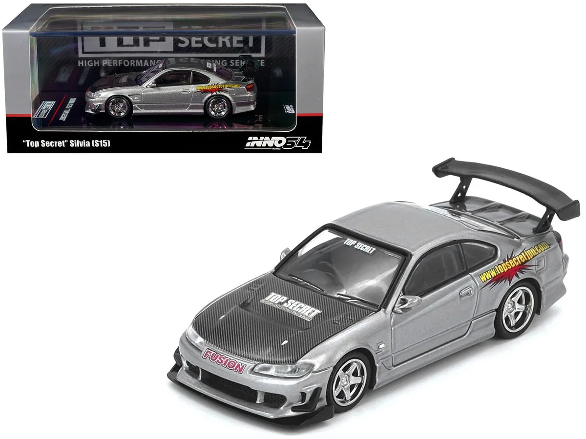 Inno Models Inno Models Nissan "Top Secret" Silvia S15 RHD Silver Metallic Carbon Hood 1/64 Diecast — product photo