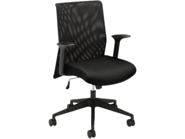 Black mesh high-back office chair with black frame, adjustable arms, five-star base and casters