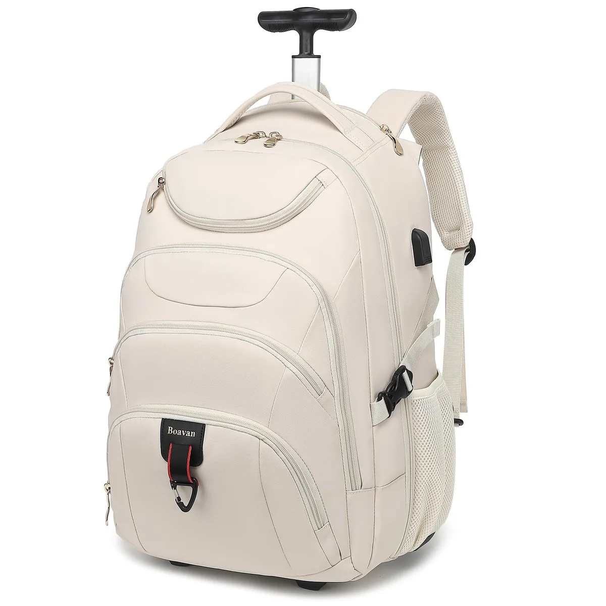 Beige wheeled laptop backpack with telescopic handle, rubber wheels and padded 17.3 inch compartment