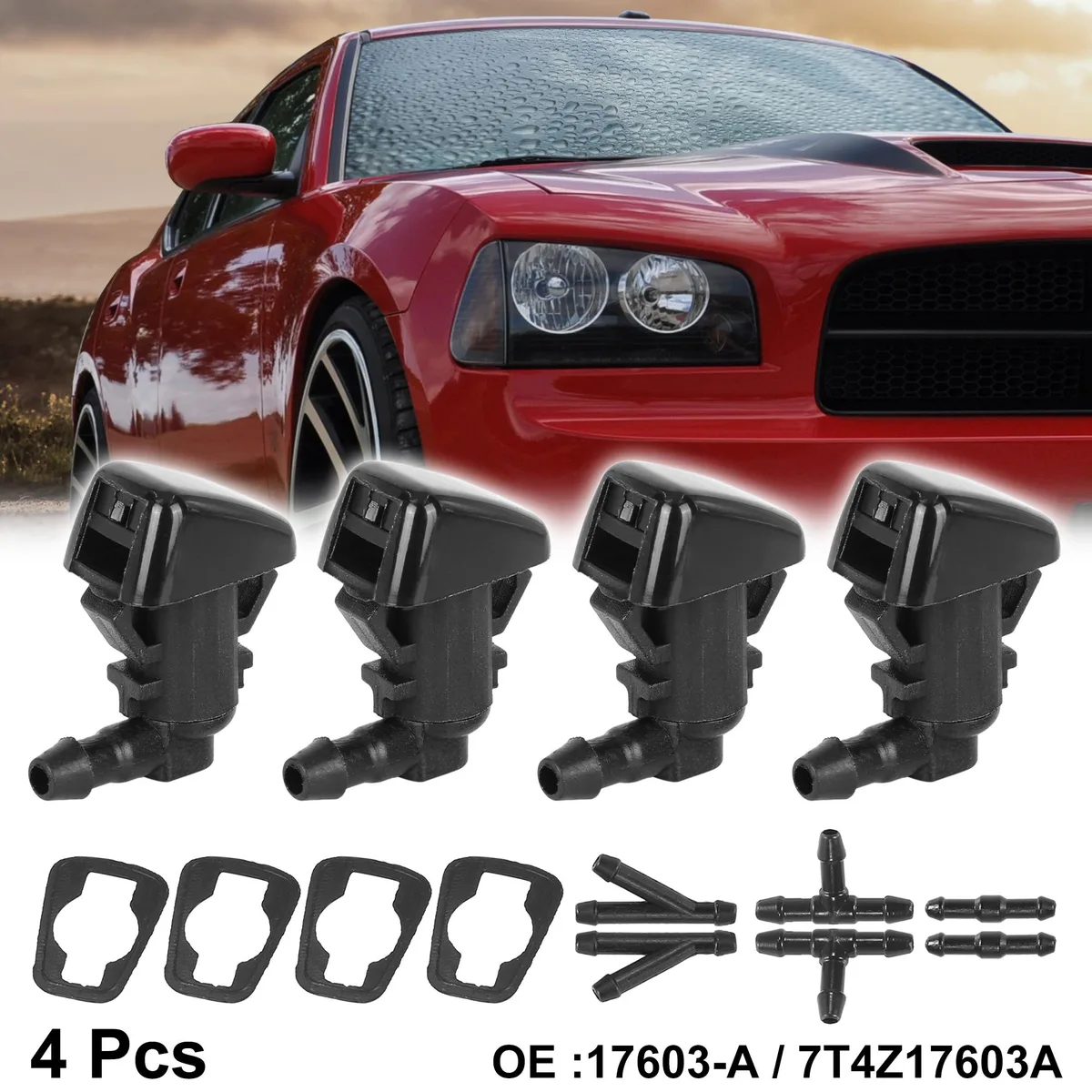 Four black plastic windshield washer nozzles with washers and adapters