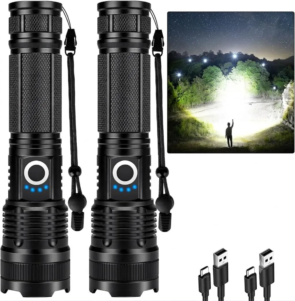 Two cylindrical aluminium flashlights with adjustable heads and power indicators