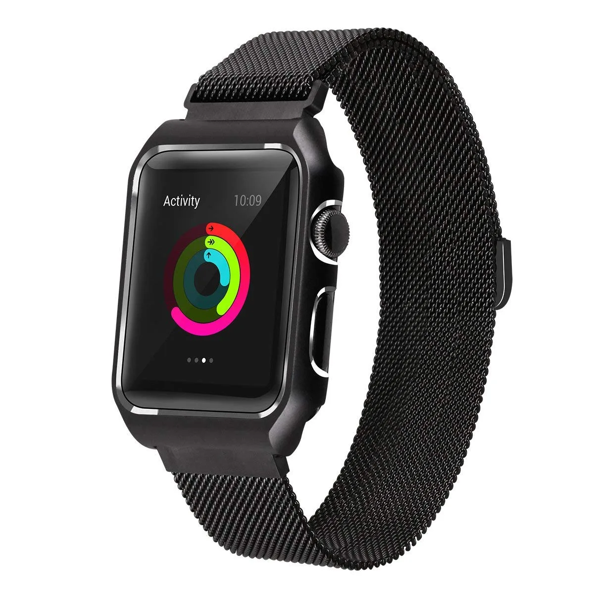 Black Milanese loop watch band with stainless steel mesh and magnetic clasp