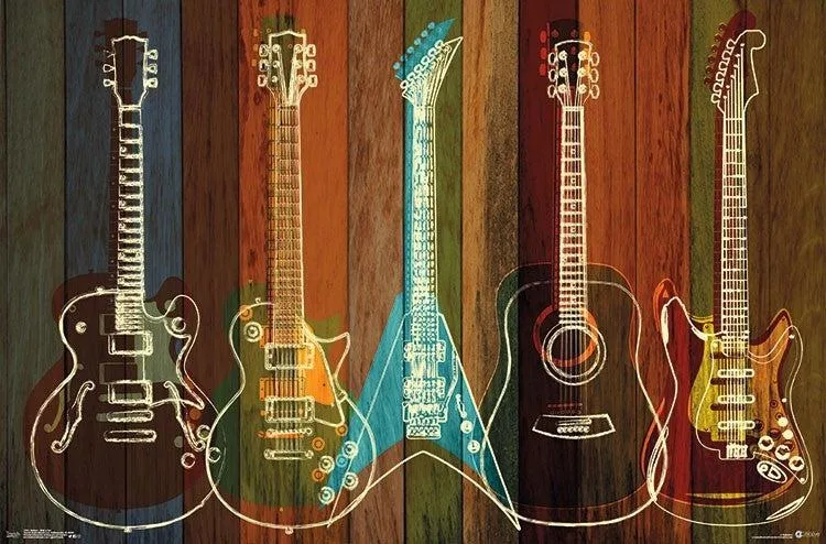 Poster print showing guitars, 34 by 22 inches, rolled in tube