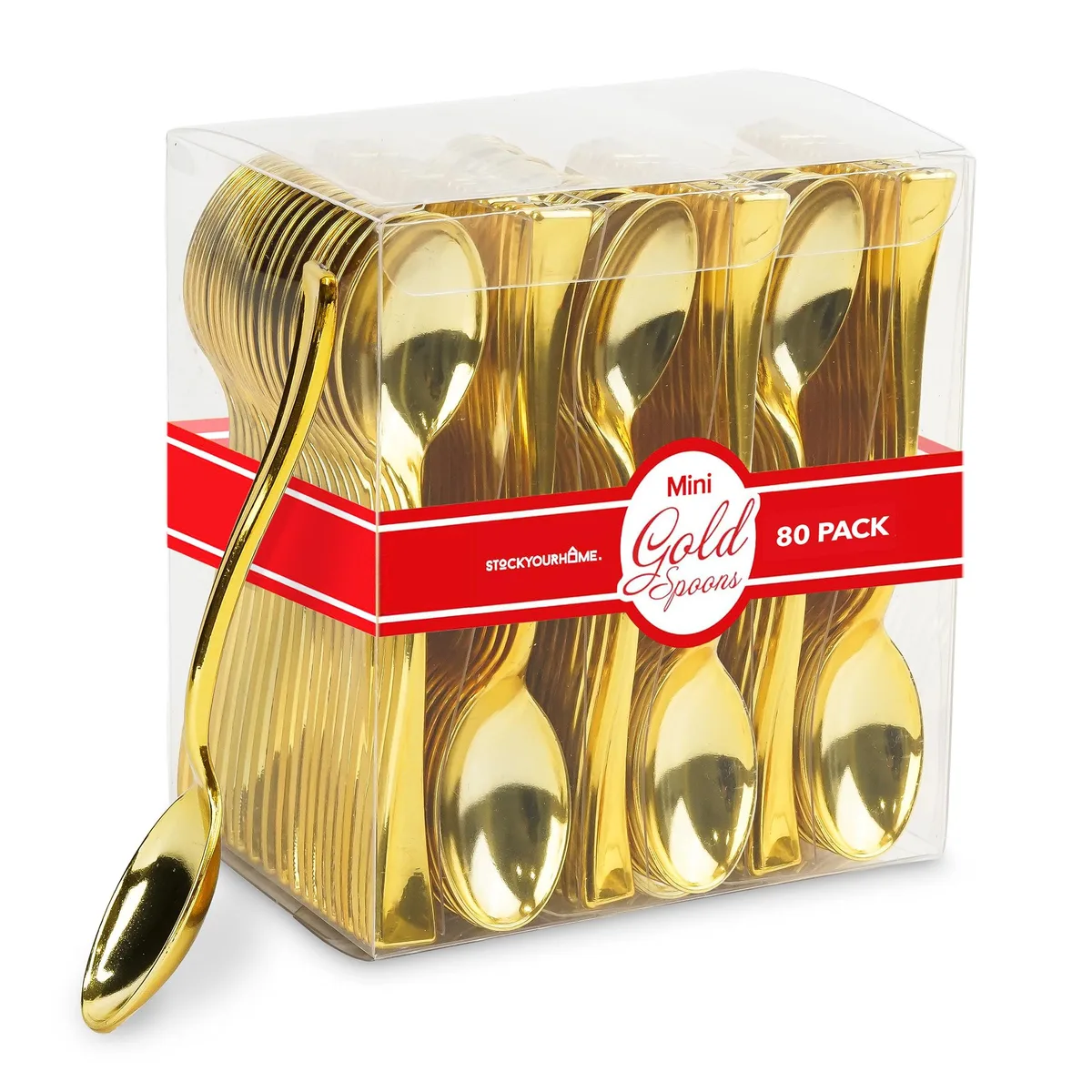 Pack of 80 gold plastic mini spoons, each 4 inch by .75 inch