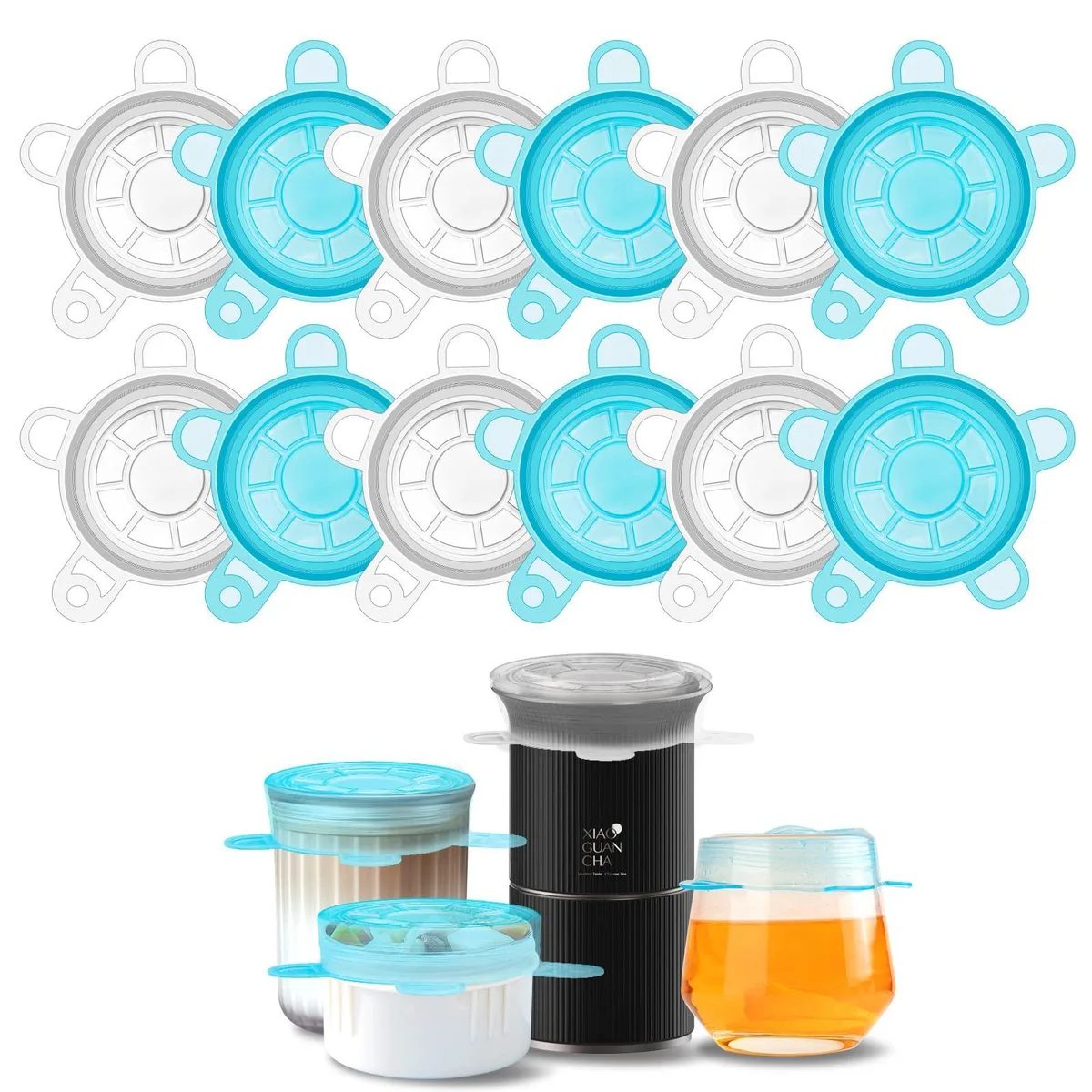 Twelve clear round silicone stretch lids in a stack
