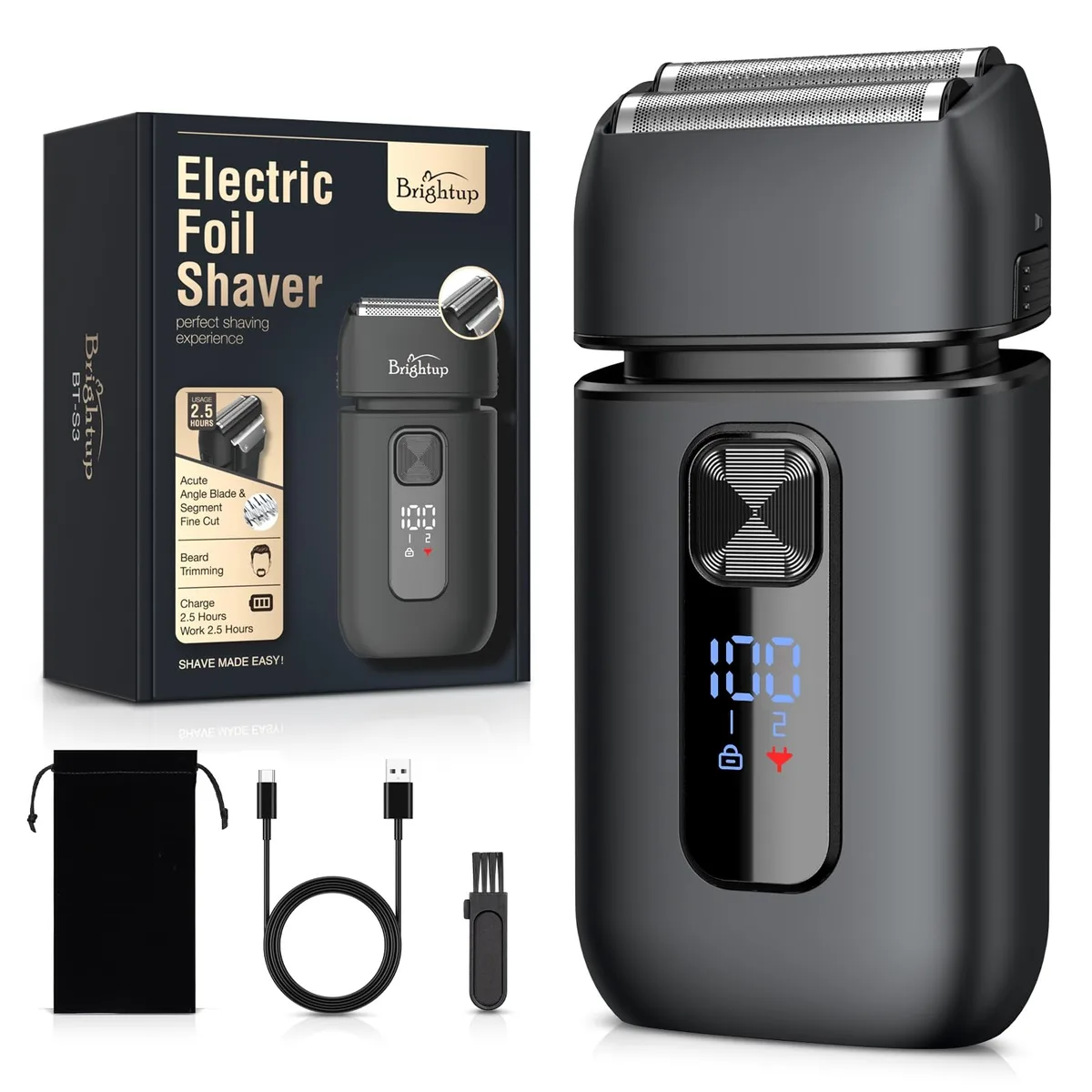 Black foil shaver with pop-up trimmer, smooth curved body, matte finish