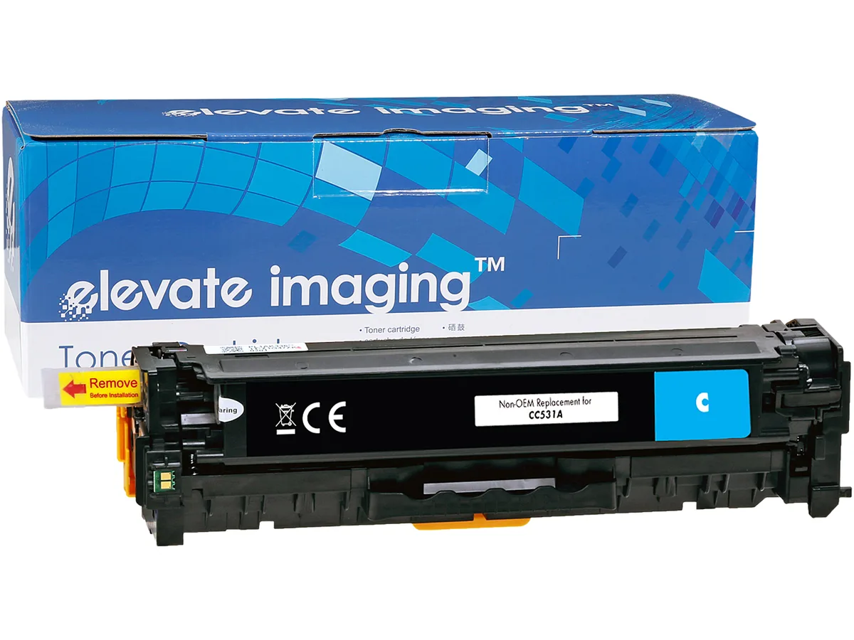 Rectangular cyan toner cartridge with matte black plastic housing and green chip visible