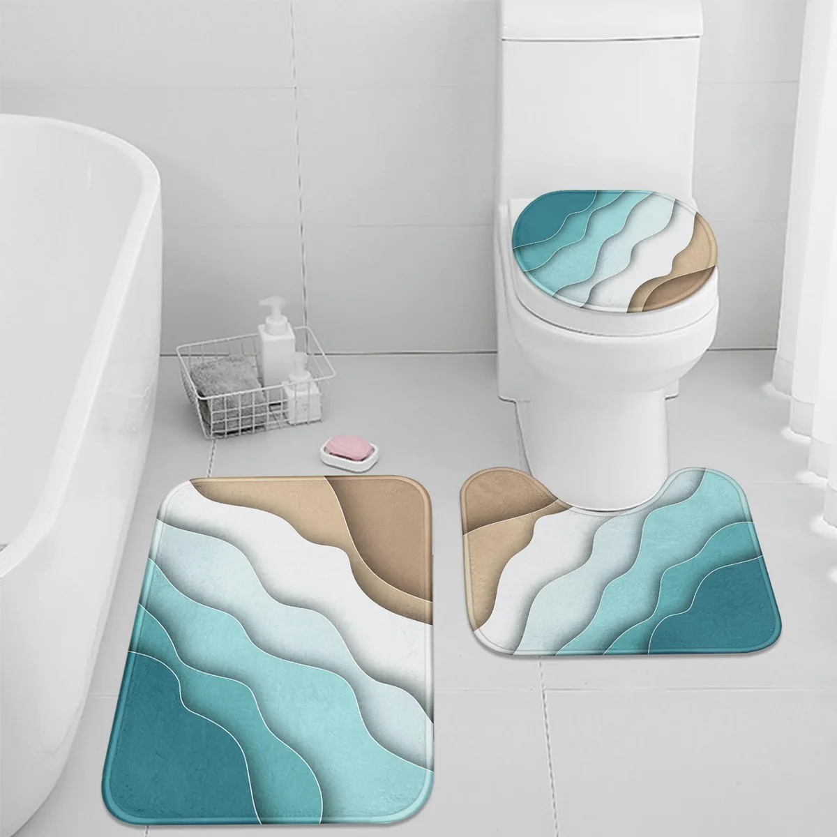 Set of three beige polyester runner bath mats with abstract black lines, non-slip backing