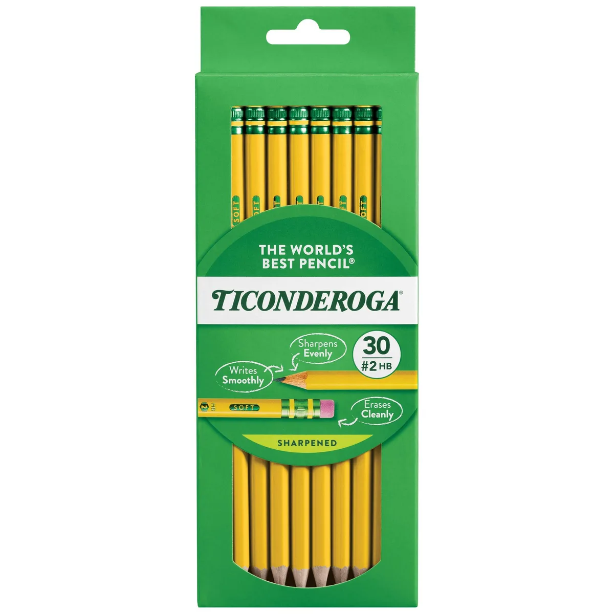 Box of 30 yellow hexagonal #2 pencils with green and gold ferrules
