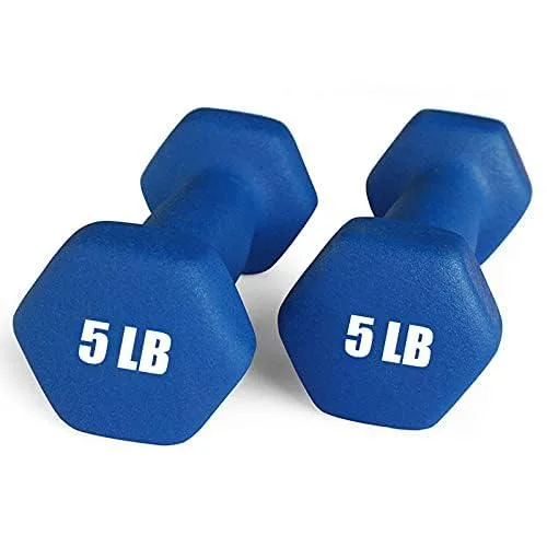 Pair of dark blue neoprene dumbbells with hexagonal heads and coated handles