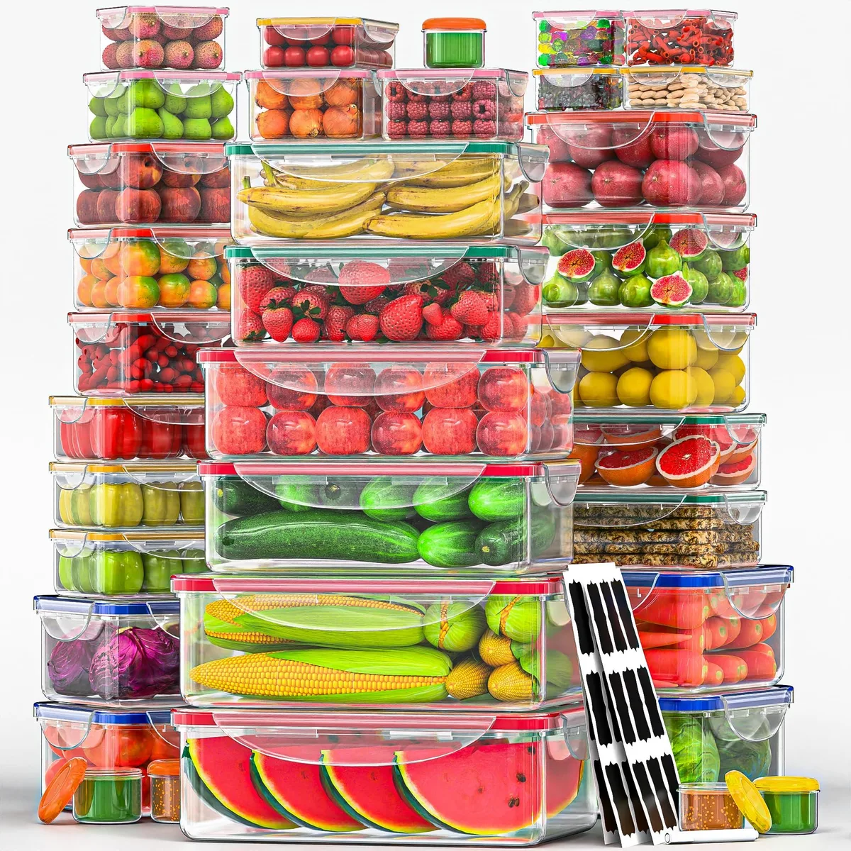 Red 70-piece food storage set with 35 rectangular and square containers plus matching lids