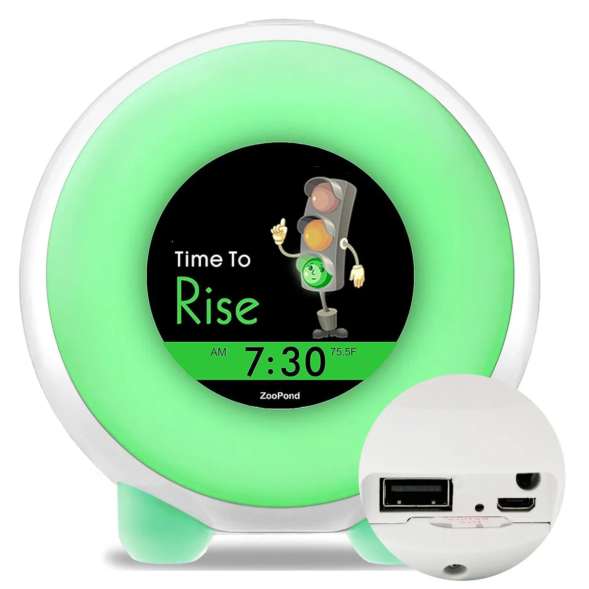 Green-based alarm clock with full-color display and micro USB port