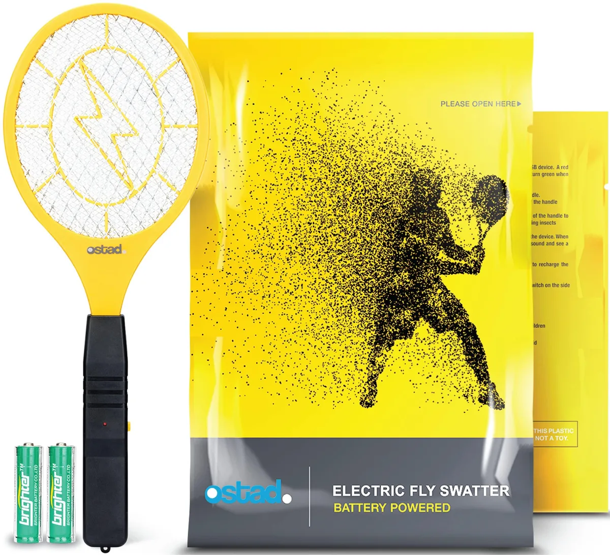 Yellow plastic bug zapper racket with triple mesh grid and ergonomic handle