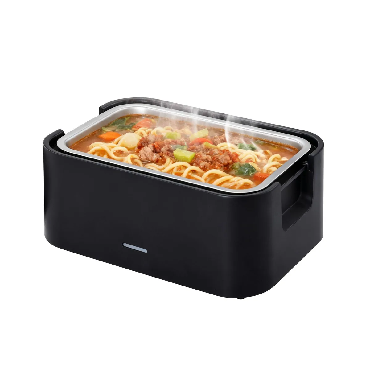 Black rectangular heated lunch box with foldable handle and detachable cord