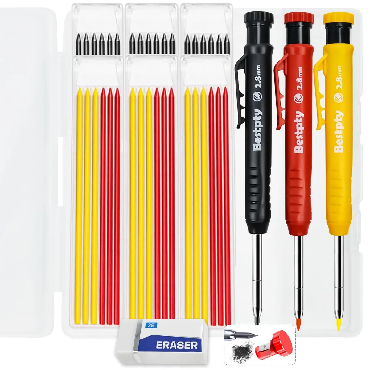 Three mechanical carpenter pencils in black, red, yellow with built-in sharpeners, refills, eraser, and storage case