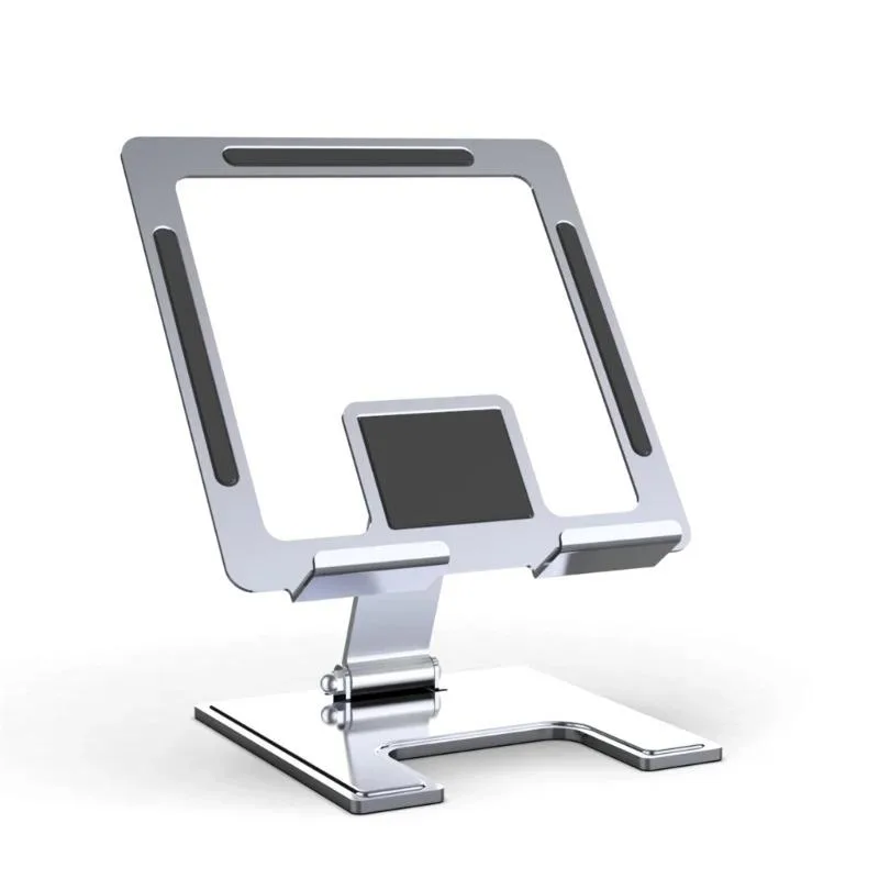 Silver aluminium laptop cooling pad, folded flat with adjustable angle arms and anti-slip feet