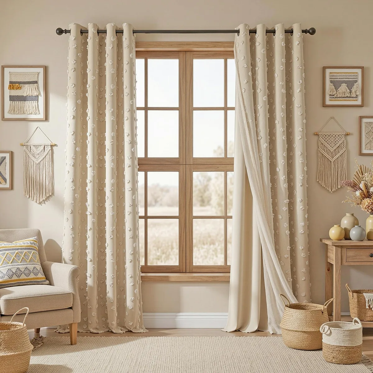 Two beige double-layer curtain panels with pom pom trim and grommet tops