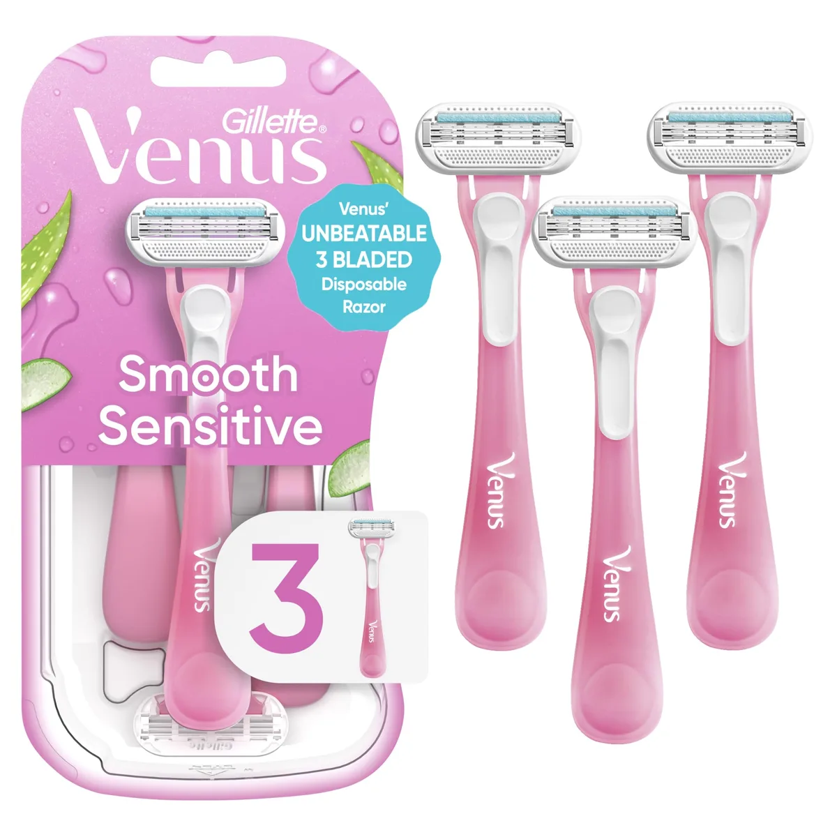 Three pink disposable razors with pivoting heads and lubricating strips